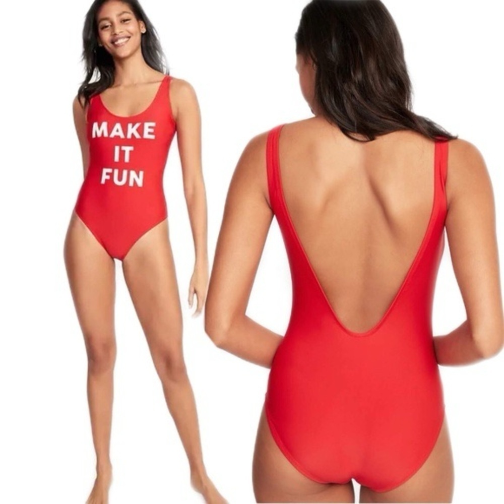 Graphic  “Make It‎ Fun” Red & White Scoop-Back One Piece Swimsuit XL